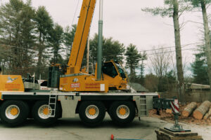 Person operating a crane to remove trees.